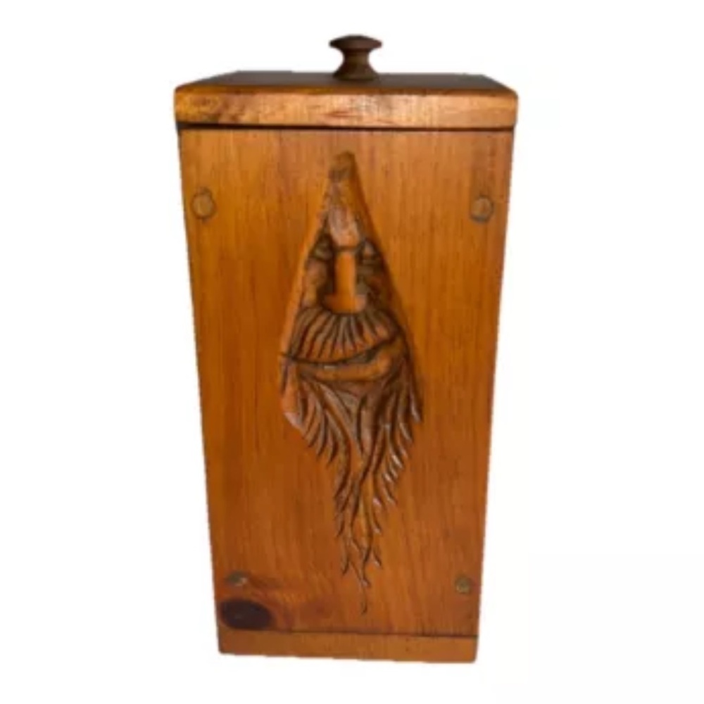 Wooden  Hand Carved Container With Lid Winking Old Man Beard Made In Canada 11”